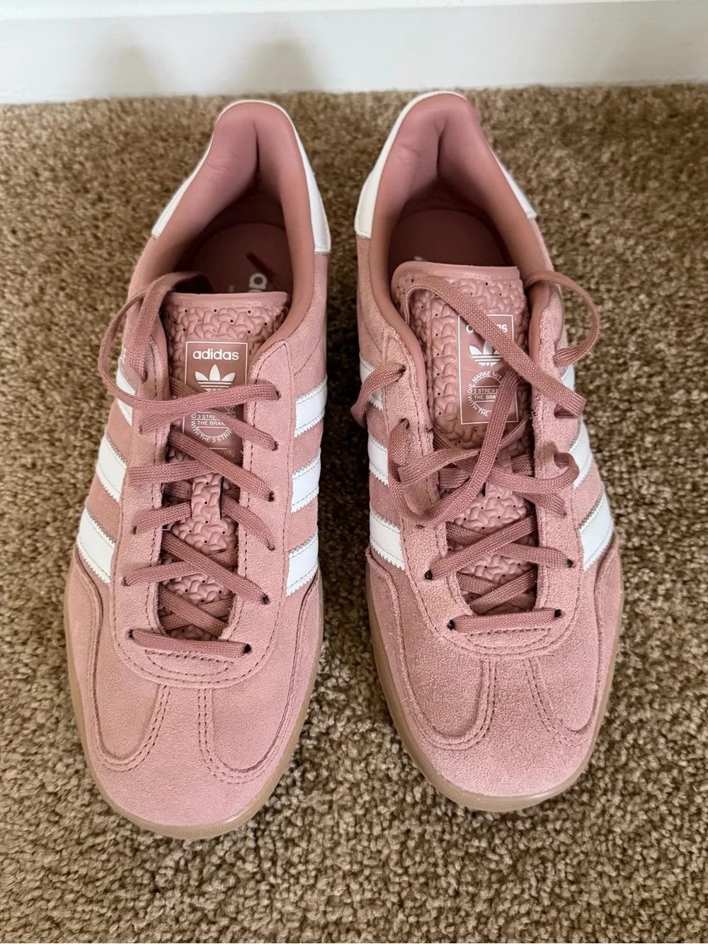 adidas Gazelle Pink Suede Sneakers with White Stripes and Gum Sole